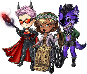Three avatars, the center one sits in a wheelchair with flowers in her hair. The friends framing her are dressed as a sorcerer and a wolf.